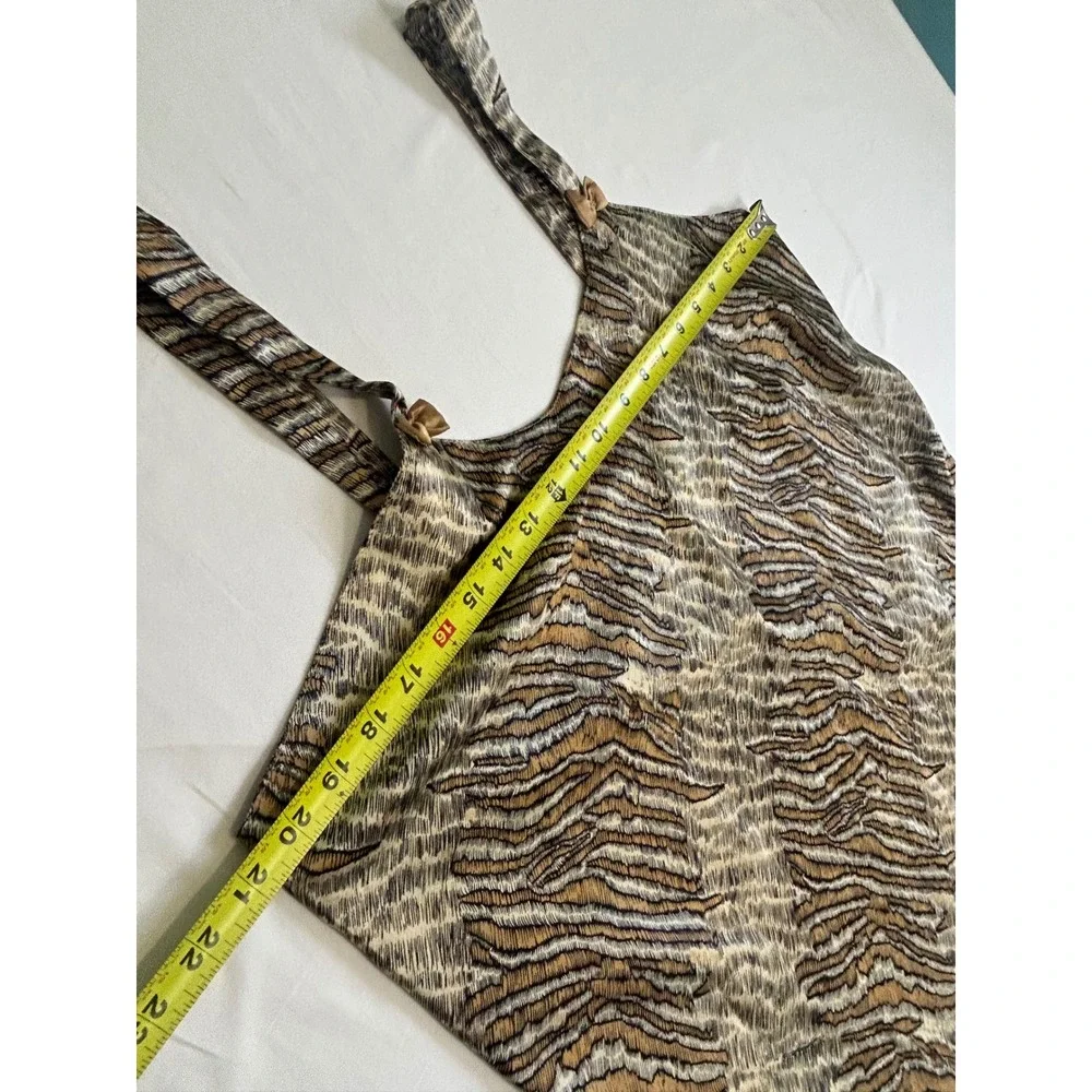 Vintage Tiger Print Satin Nightgown XL Tan Brown Animal Print Bow Strap Chemise
